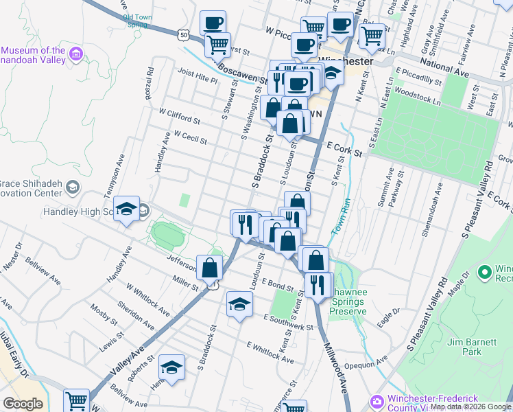 map of restaurants, bars, coffee shops, grocery stores, and more near 701 South Braddock Street in Winchester