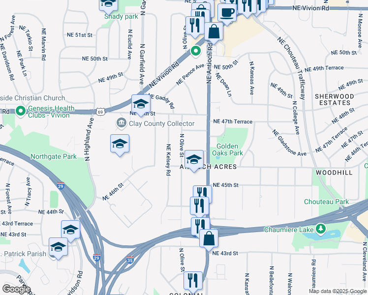 map of restaurants, bars, coffee shops, grocery stores, and more near 2400 Northeast 46th Terrace in Kansas City