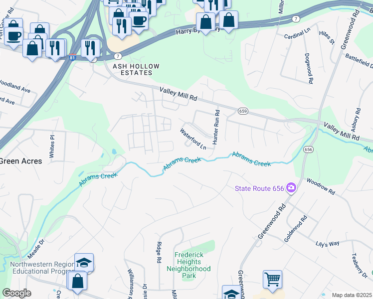 map of restaurants, bars, coffee shops, grocery stores, and more near 211 Willowbrook Court in Winchester
