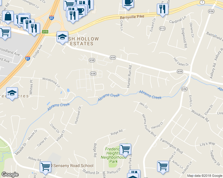 map of restaurants, bars, coffee shops, grocery stores, and more near 211 Willowbrook Court in Winchester