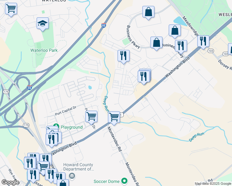 map of restaurants, bars, coffee shops, grocery stores, and more near 7715 Hornbeam Drive in Elkridge