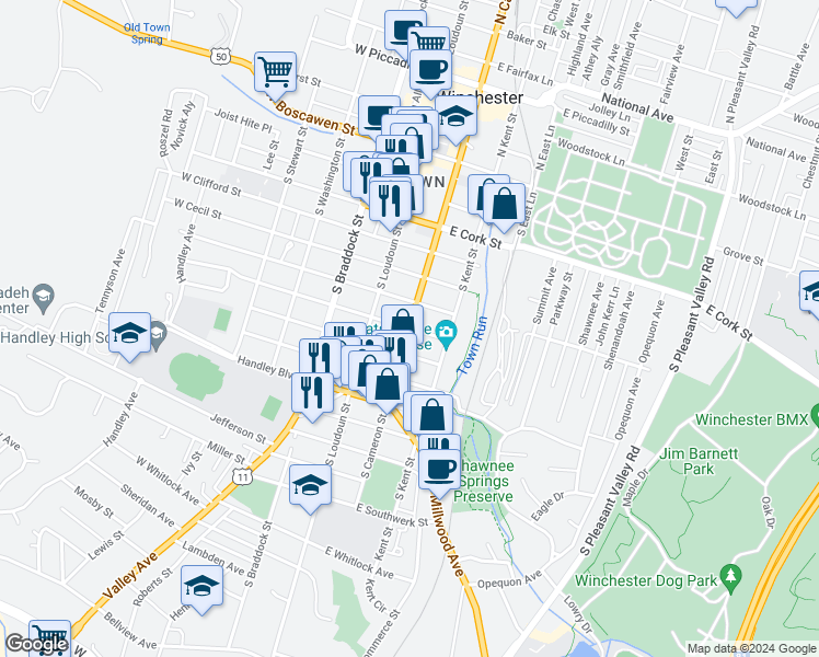 map of restaurants, bars, coffee shops, grocery stores, and more near South Cameron Street in Winchester