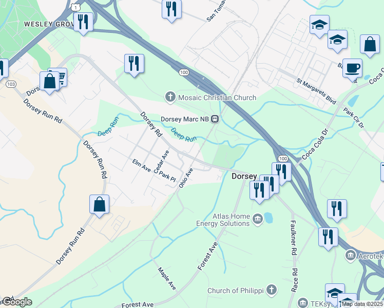 map of restaurants, bars, coffee shops, grocery stores, and more near 7108 Station House Road in Elkridge