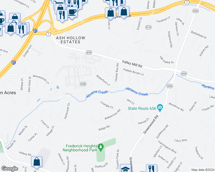 map of restaurants, bars, coffee shops, grocery stores, and more near 203 Waterford Lane in Winchester