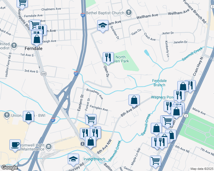 map of restaurants, bars, coffee shops, grocery stores, and more near 132 Olen Drive in Glen Burnie