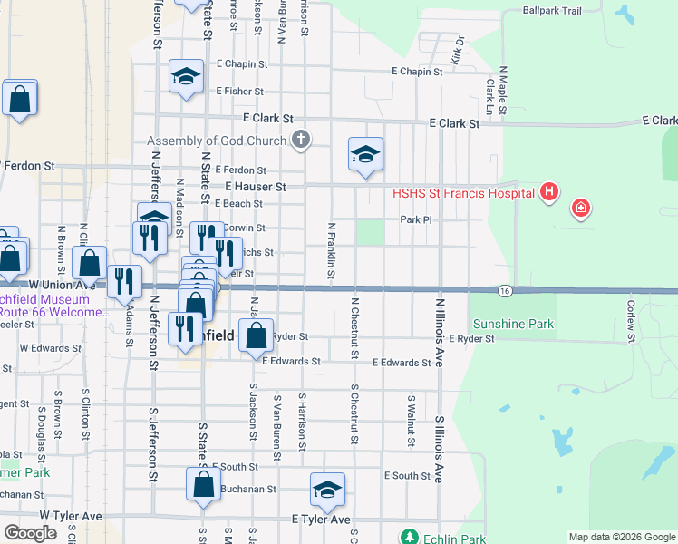 map of restaurants, bars, coffee shops, grocery stores, and more near 508 North Franklin Street in Litchfield