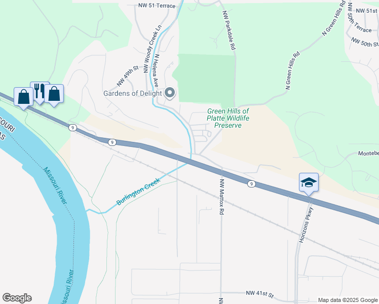 map of restaurants, bars, coffee shops, grocery stores, and more near 6100 West Platte Road in Riverside
