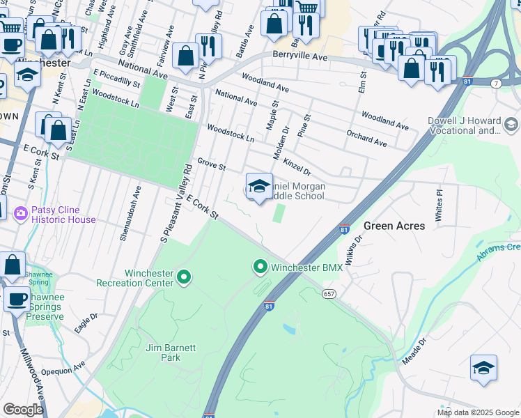 map of restaurants, bars, coffee shops, grocery stores, and more near 48 South Purcell Avenue in Winchester