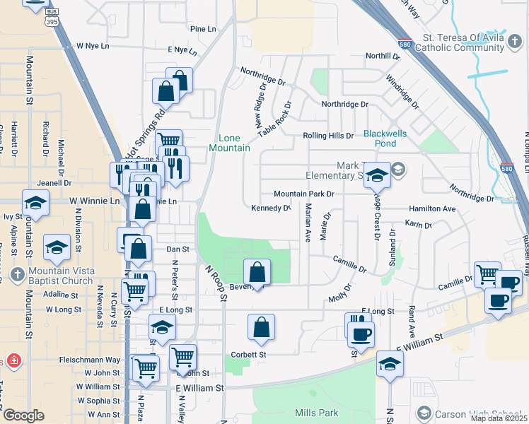 map of restaurants, bars, coffee shops, grocery stores, and more near 945 Kennedy Drive in Carson City