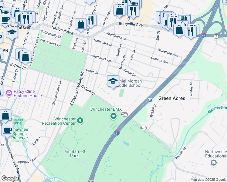 map of restaurants, bars, coffee shops, grocery stores, and more near 48 South Purcell Avenue in Winchester