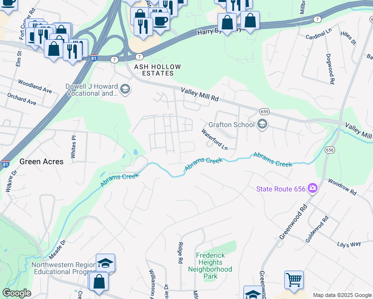 map of restaurants, bars, coffee shops, grocery stores, and more near 216 Monticello Square in Winchester