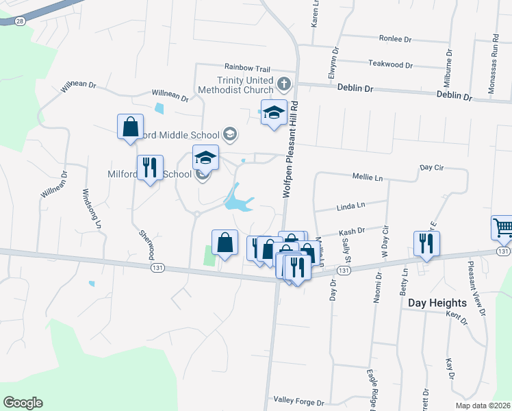 map of restaurants, bars, coffee shops, grocery stores, and more near 5398 North Timber Creek Drive in Milford
