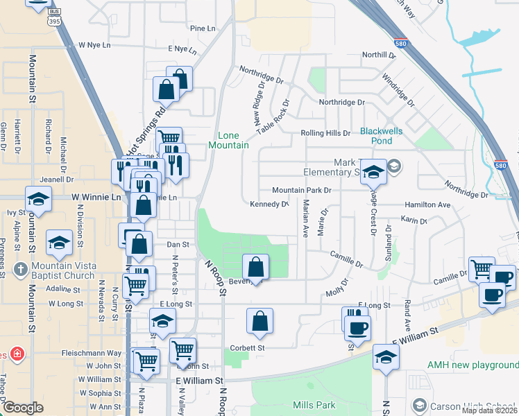 map of restaurants, bars, coffee shops, grocery stores, and more near 945 Kennedy Drive in Carson City