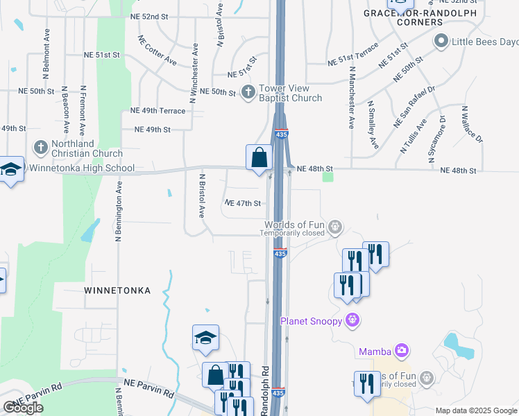 map of restaurants, bars, coffee shops, grocery stores, and more near 7341 Northeast 47th Street in Kansas City