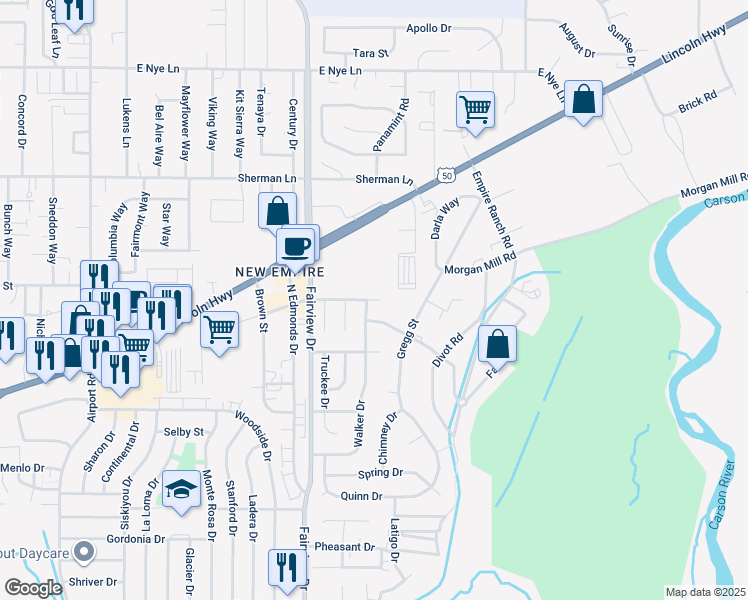 map of restaurants, bars, coffee shops, grocery stores, and more near 4151 Gordon Street in Carson City