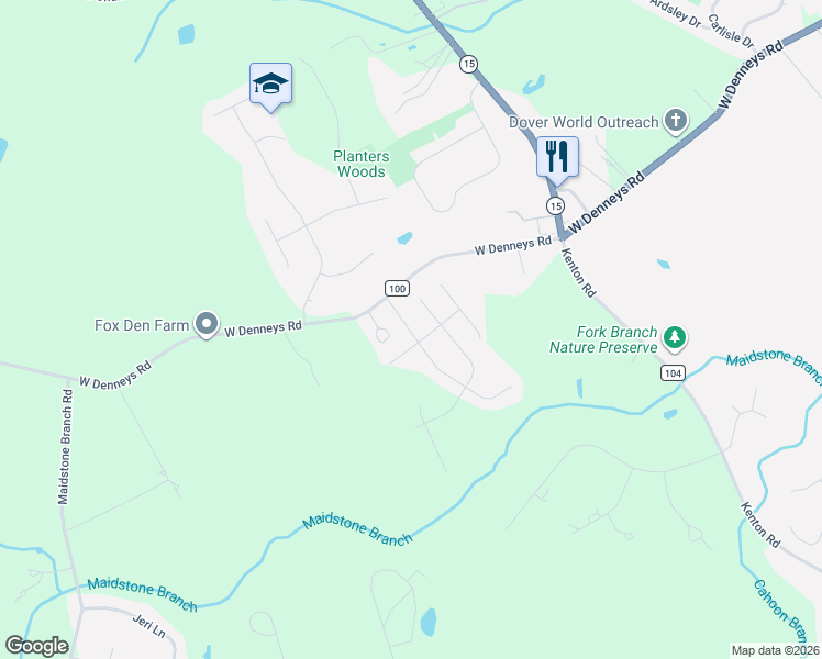 map of restaurants, bars, coffee shops, grocery stores, and more near 3226 West Denneys Road in Dover