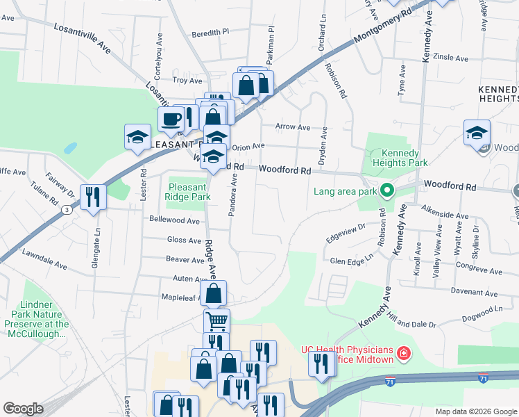 map of restaurants, bars, coffee shops, grocery stores, and more near 5828 Woodmont Avenue in Cincinnati