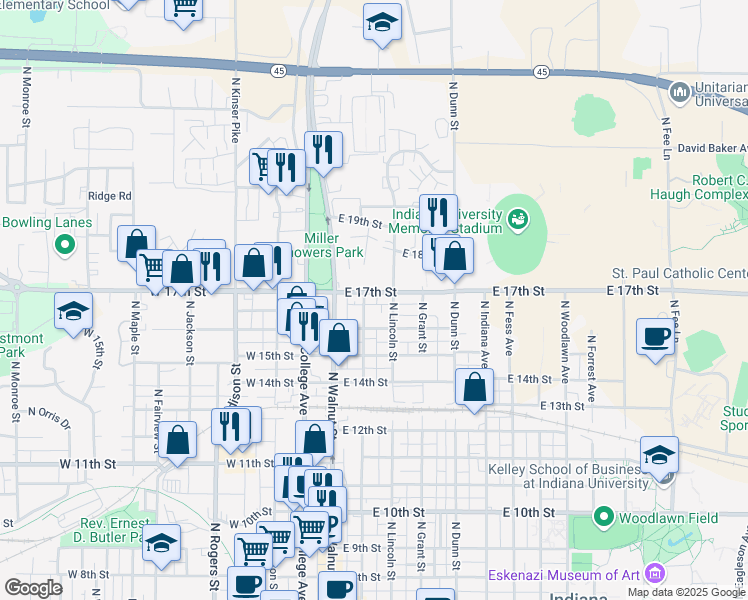 map of restaurants, bars, coffee shops, grocery stores, and more near 1214 North Washington Street in Bloomington