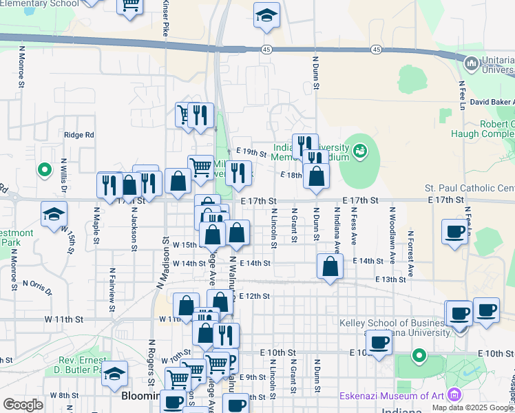 map of restaurants, bars, coffee shops, grocery stores, and more near 1214 North Washington Street in Bloomington