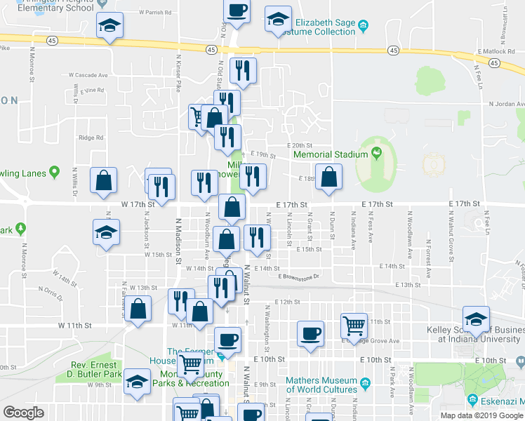 map of restaurants, bars, coffee shops, grocery stores, and more near 1214 North Washington Street in Bloomington