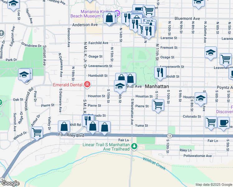 map of restaurants, bars, coffee shops, grocery stores, and more near 1401 Houston Street in Manhattan