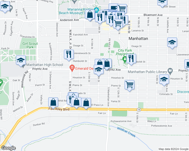 map of restaurants, bars, coffee shops, grocery stores, and more near 1401 Houston Street in Manhattan