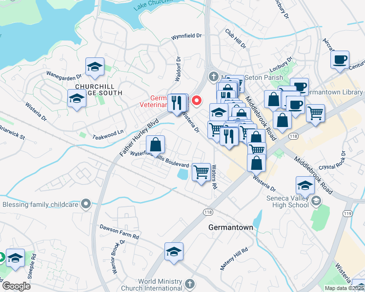 map of restaurants, bars, coffee shops, grocery stores, and more near 19622 Galway Bay Circle in Germantown