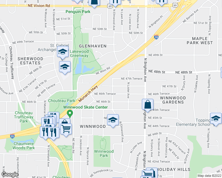 map of restaurants, bars, coffee shops, grocery stores, and more near 4636 North Elmwood Avenue in Kansas City