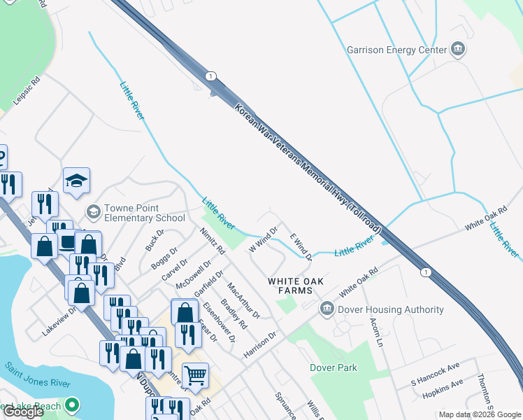 map of restaurants, bars, coffee shops, grocery stores, and more near 533 Schooner Way in Dover