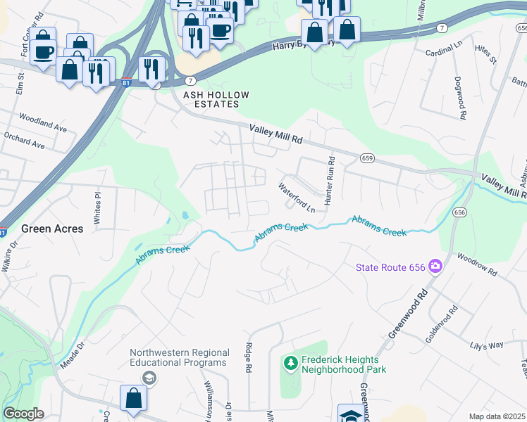 map of restaurants, bars, coffee shops, grocery stores, and more near 208 Monticello Square in Winchester