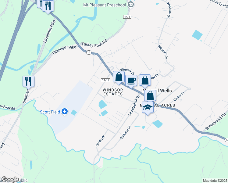 map of restaurants, bars, coffee shops, grocery stores, and more near 33 Oakbrook Ln in Mineral Wells
