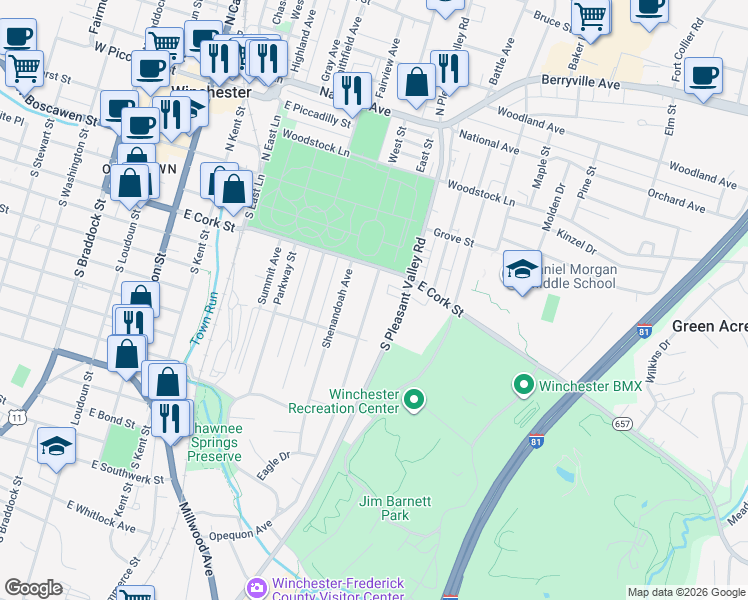 map of restaurants, bars, coffee shops, grocery stores, and more near 232 Opequon Avenue in Winchester