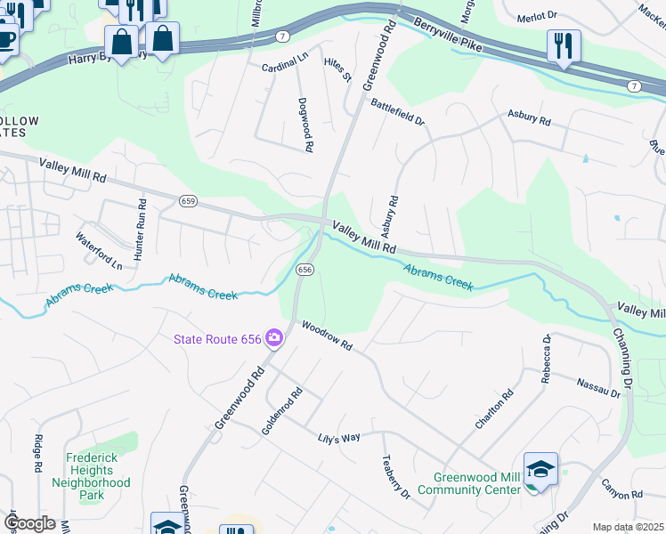 map of restaurants, bars, coffee shops, grocery stores, and more near 511 Emily Lane in Winchester