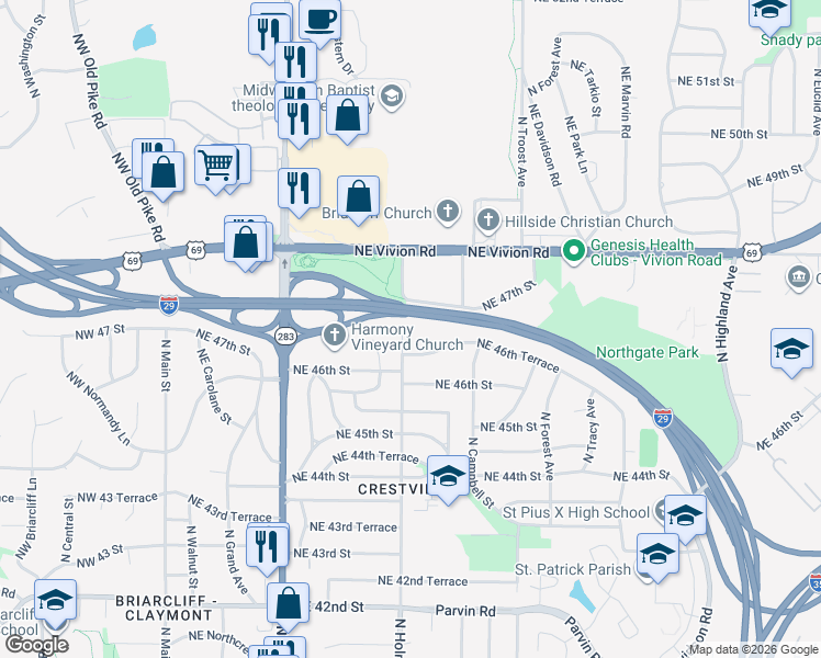 map of restaurants, bars, coffee shops, grocery stores, and more near 4637 North Holmes Street in Kansas City