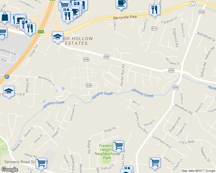 map of restaurants, bars, coffee shops, grocery stores, and more near 111 Willowbrook Court in Winchester