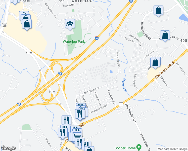 map of restaurants, bars, coffee shops, grocery stores, and more near 7669 Bluff Point Lane in Elkridge