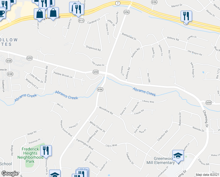 map of restaurants, bars, coffee shops, grocery stores, and more near 513 Emily Lane in Winchester