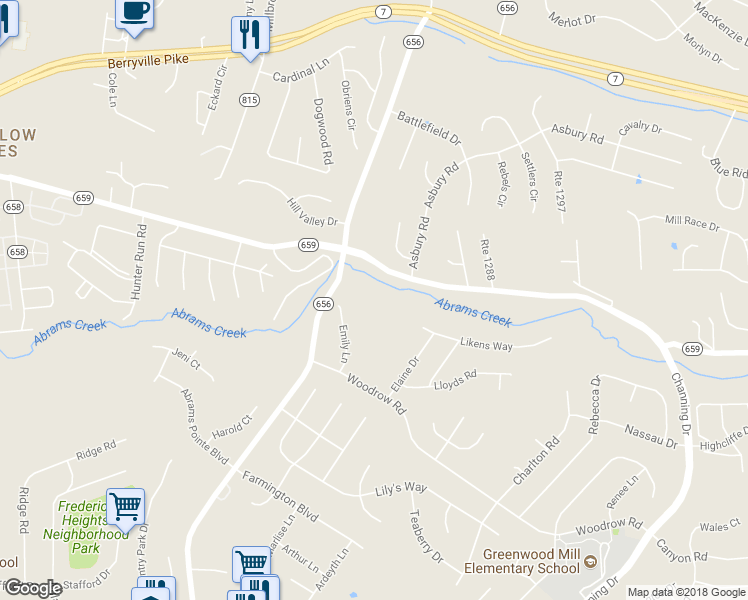 map of restaurants, bars, coffee shops, grocery stores, and more near 415 Emily Lane in Winchester
