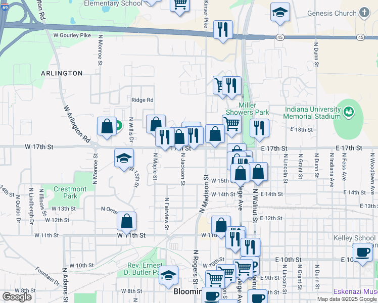 map of restaurants, bars, coffee shops, grocery stores, and more near 1110 North Jackson Street in Bloomington
