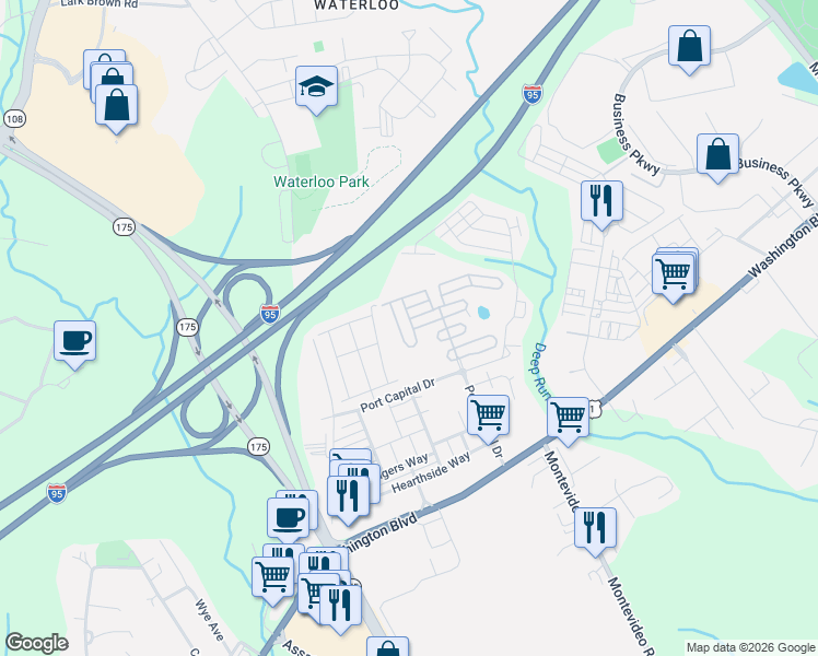 map of restaurants, bars, coffee shops, grocery stores, and more near 7669 Bluff Point Lane in Elkridge