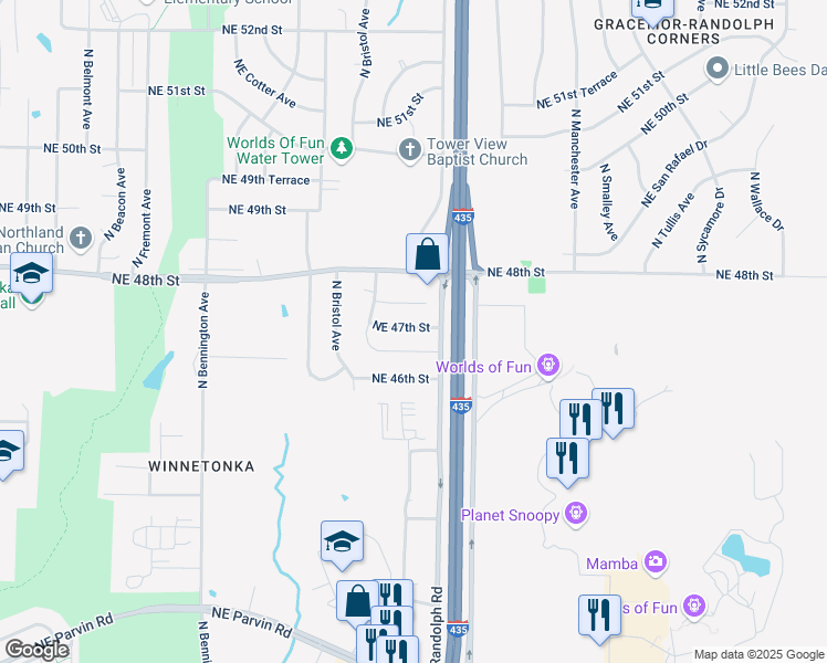 map of restaurants, bars, coffee shops, grocery stores, and more near 7285 Northeast 47th Street in Kansas City