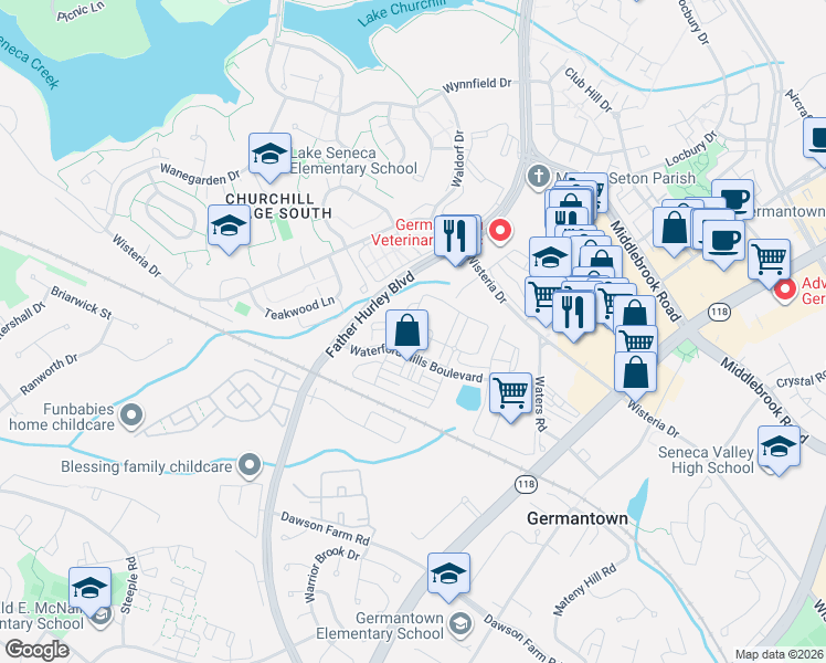 map of restaurants, bars, coffee shops, grocery stores, and more near 13500 Carlow Point Circle in Germantown
