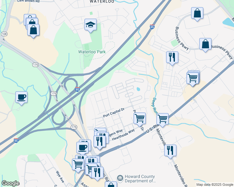 map of restaurants, bars, coffee shops, grocery stores, and more near 7669 Bluff Point Lane in Elkridge