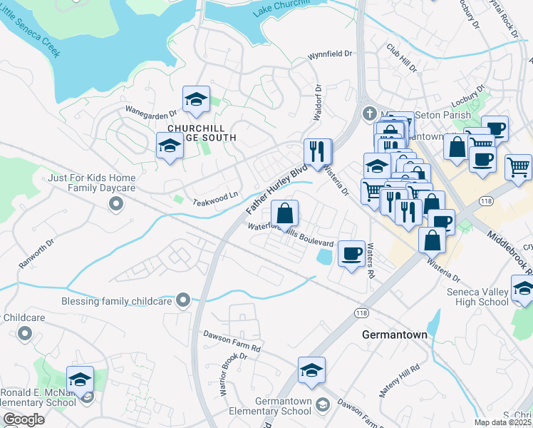 map of restaurants, bars, coffee shops, grocery stores, and more near 1350 Derry Glen Court in Germantown