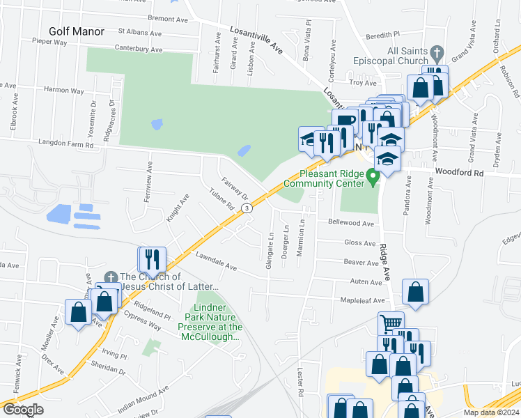 map of restaurants, bars, coffee shops, grocery stores, and more near 5761 Glengate Lane in Cincinnati