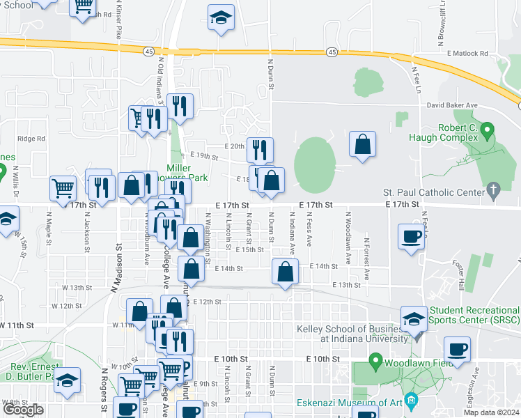 map of restaurants, bars, coffee shops, grocery stores, and more near in Bloomington
