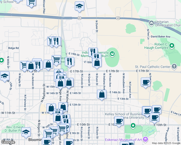 map of restaurants, bars, coffee shops, grocery stores, and more near in Bloomington