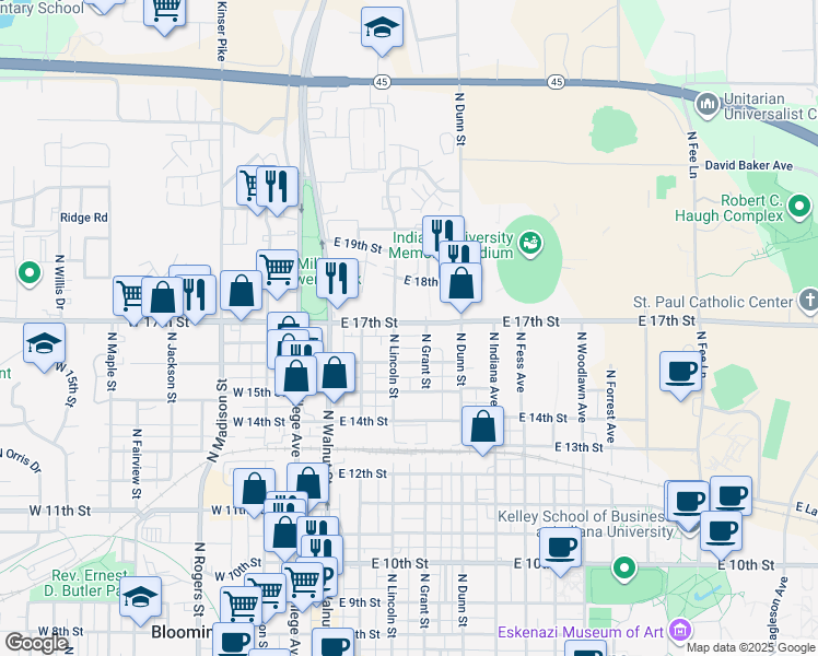 map of restaurants, bars, coffee shops, grocery stores, and more near 221 East 16th Street in Bloomington
