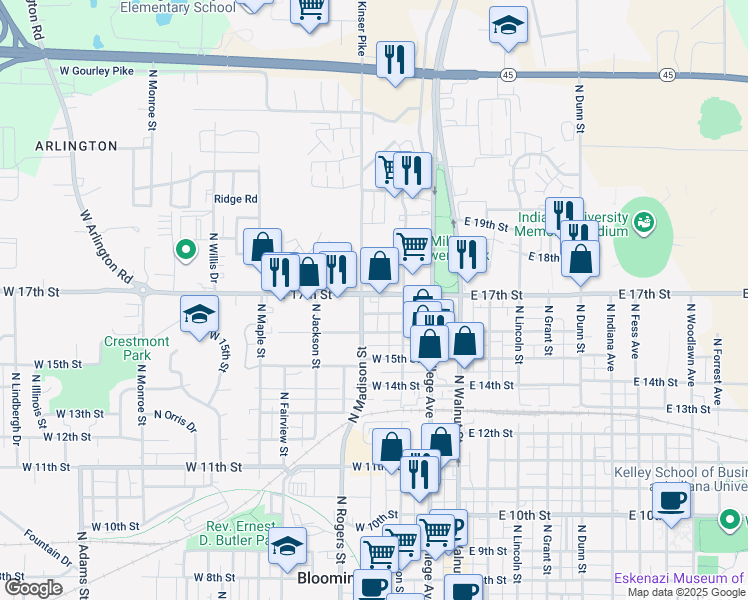 map of restaurants, bars, coffee shops, grocery stores, and more near 314 West Kenwood Drive in Bloomington