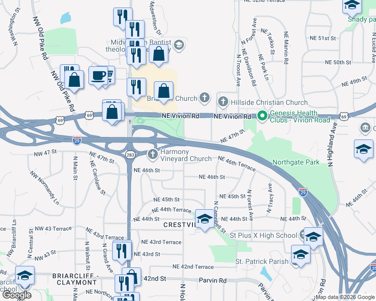 map of restaurants, bars, coffee shops, grocery stores, and more near 4637 North Holmes Street in Kansas City